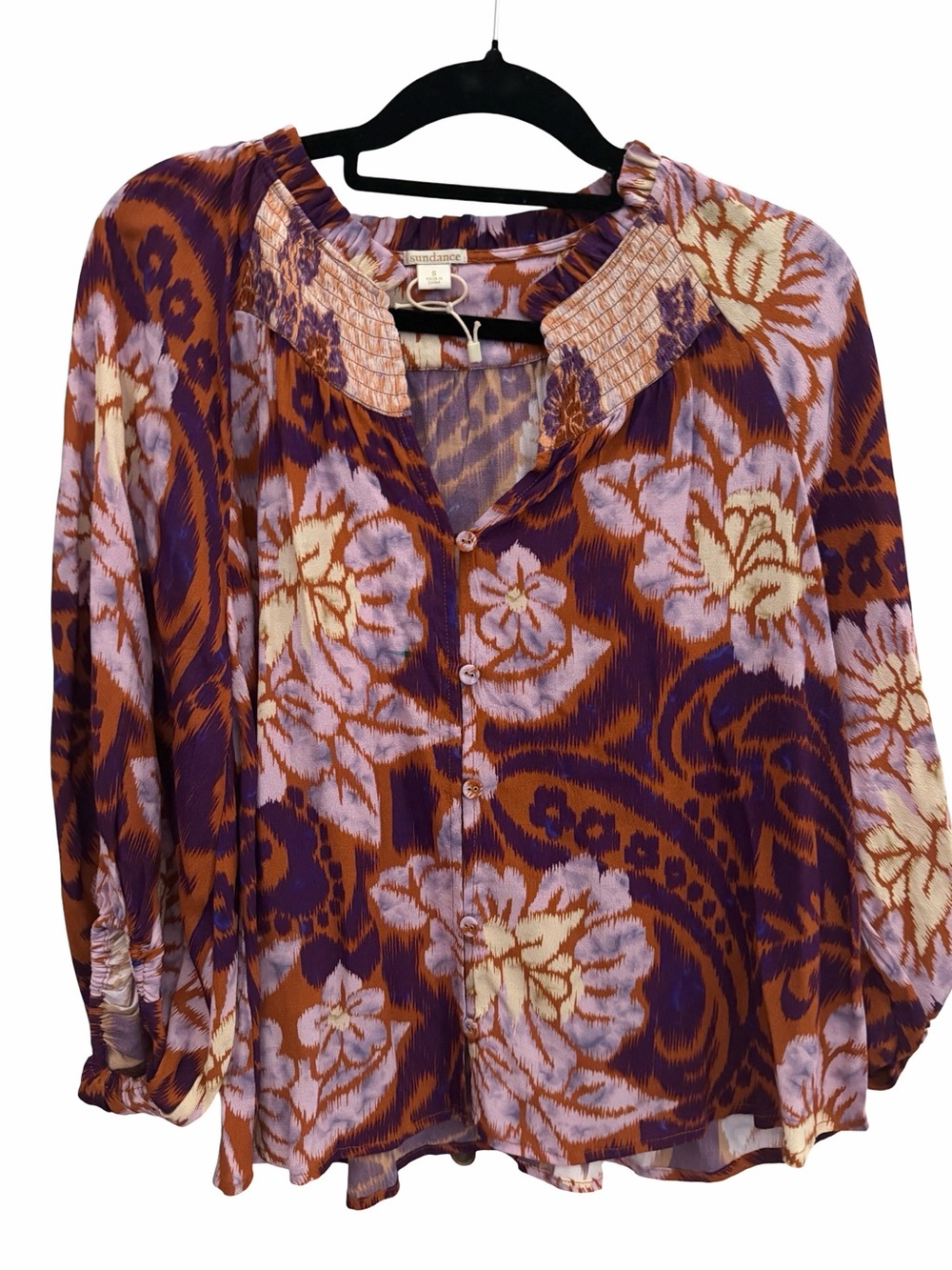 Sundance Floral Boho Button-Front Blouse in Purple and Rust Size S Flowy